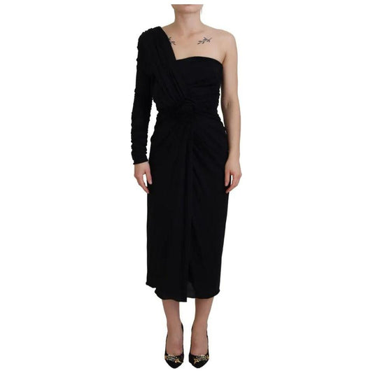 Dolce & Gabbana Black Wrap Sheath One Shoulder Wool Dress Dolce & Gabbana Black