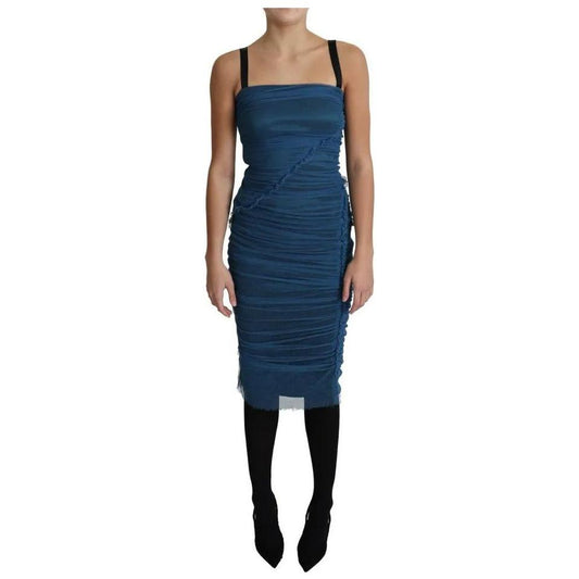Dolce & Gabbana Blue Draped Tulle Midi Sheath Cotton Dress Dolce & Gabbana Tan