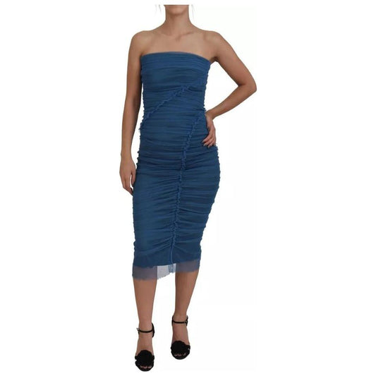 Dolce & Gabbana Blue Mesh Trim Ruched Tulle Sheath Dress Dolce & Gabbana Dark Slate Gray