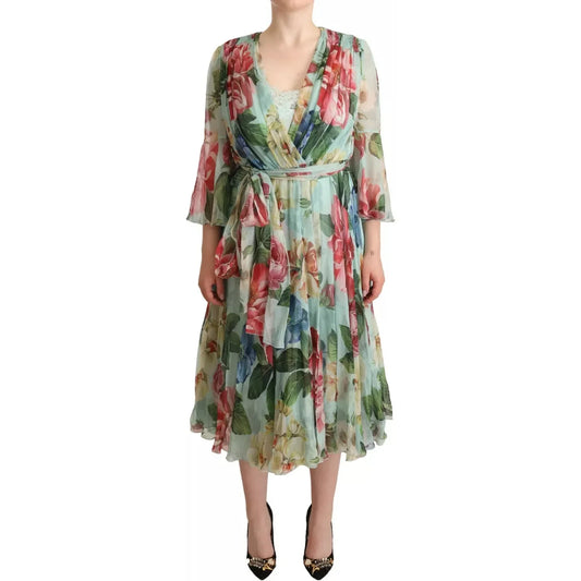 Dolce & Gabbana Green Floral Long Sleeve V-neck Midi Dress Dolce & Gabbana Rosy Brown