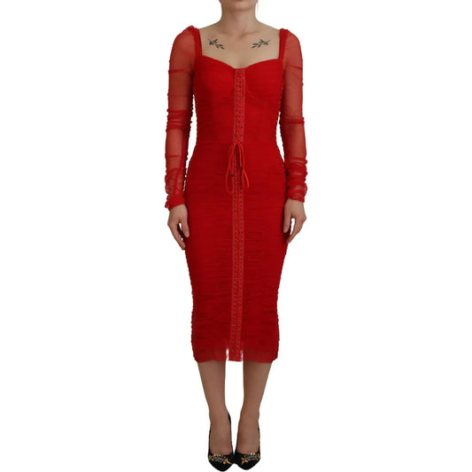 Dolce & Gabbana Red Mesh Trim Bodycon Sheath Midi Dress Dolce & Gabbana Brown