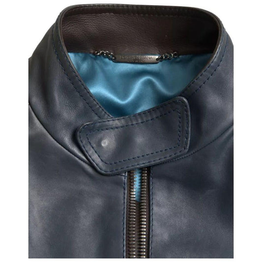 Dolce & Gabbana Blue Leather Full Zip Biker Blouson Jacket Dolce & Gabbana Dark Slate Gray
