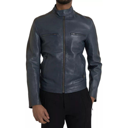 Dolce & Gabbana Blue Leather Full Zip Biker Blouson Jacket Dolce & Gabbana Dark Slate Gray