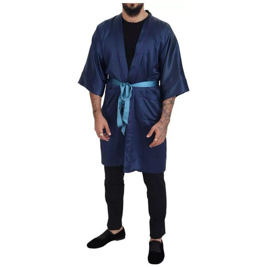 Dolce & Gabbana Blue Satin Silk Waist Belt Robe Jacket Dolce & Gabbana Dark Slate Gray