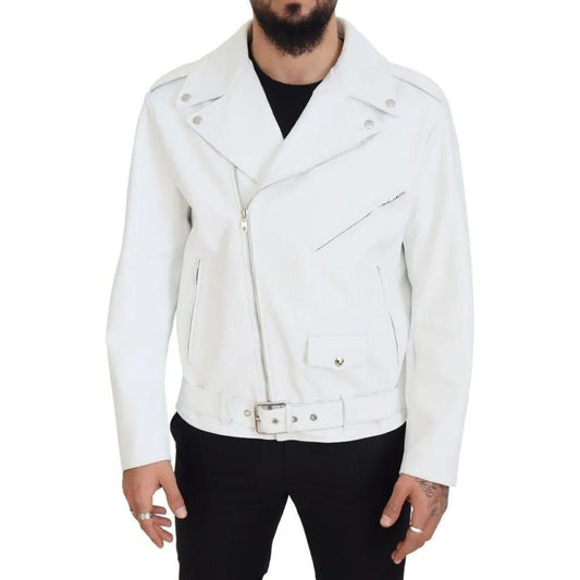 Dolce & Gabbana White Leather Biker Coat Zipper Jacket Dolce & Gabbana Black
