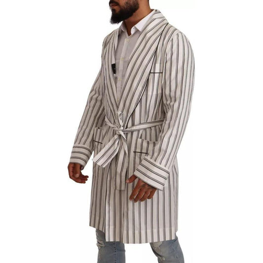 Dolce & Gabbana White Striped Cotton Robe Coat Wrap Jacket Dolce & Gabbana Rosy Brown