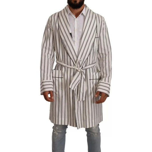 Dolce & Gabbana White Striped Cotton Robe Coat Wrap Jacket Dolce & Gabbana Dark Gray