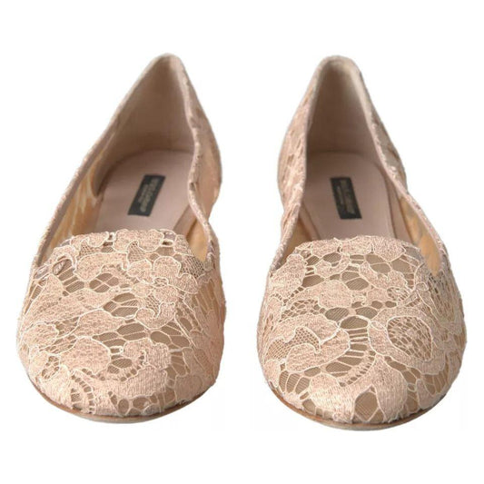 Dolce & Gabbana Beige Floral Lace Loafers Flats Shoes Dolce & Gabbana Rosy Brown