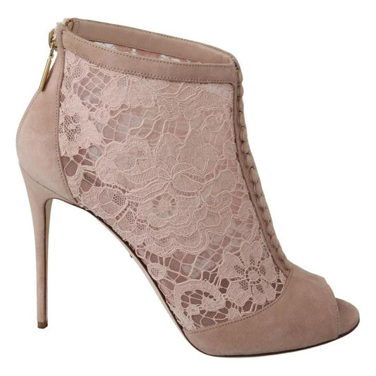 Dolce & Gabbana Beige Lace Suede Peep Toe Ankle Boots Shoes Dolce & Gabbana Rosy Brown