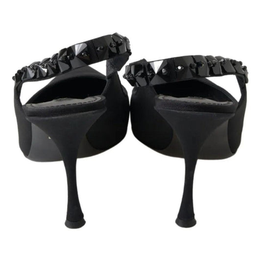 Dolce & Gabbana Black Embellished Charmeuse Slingback Heels Shoes Dolce & Gabbana Black