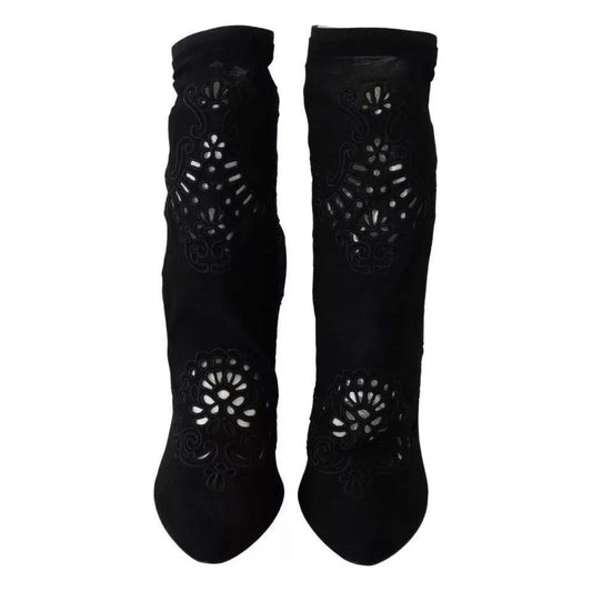 Dolce & Gabbana Black Stretch Pumps Boots Floral Lace Shoes Dolce & Gabbana Black