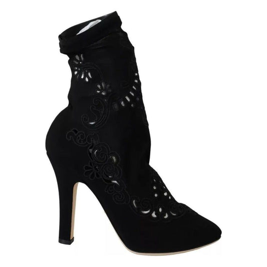 Dolce & Gabbana Black Stretch Pumps Boots Floral Lace Shoes Dolce & Gabbana Black
