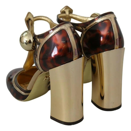 Dolce & Gabbana Gold Leopard T-strap Pumps Sandals Shoes Dolce & Gabbana Dim Gray