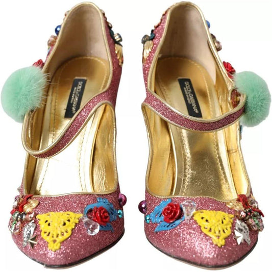 Dolce & Gabbana Pink Embellished Fur Mary Jane Pumps Shoes Dolce & Gabbana Rosy Brown