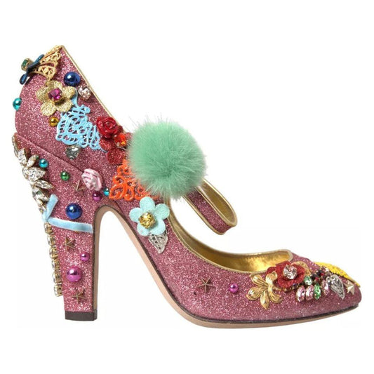 Dolce & Gabbana Pink Embellished Fur Mary Jane Pumps Shoes Dolce & Gabbana Dim Gray
