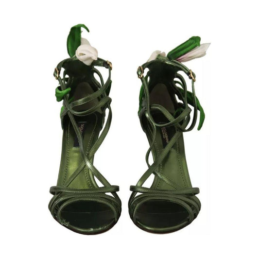 Dolce & Gabbana Acid Green Leather Strappy Flower Heels Sandals Shoes Dolce & Gabbana Dark Slate Gray
