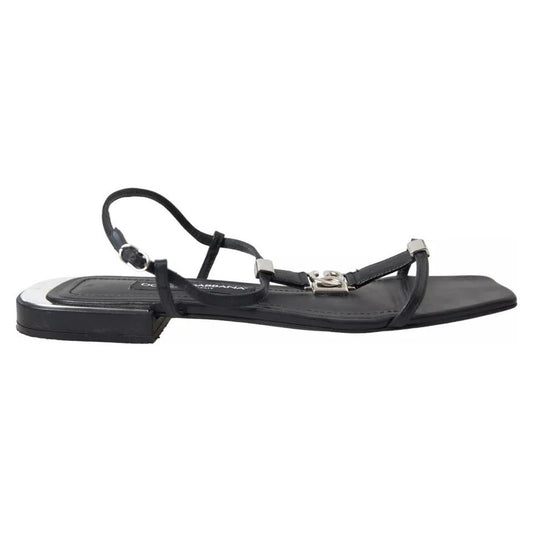 Dolce & Gabbana Black Leather DG Logo Flats Sandals Shoes Dolce & Gabbana Dark Slate Gray