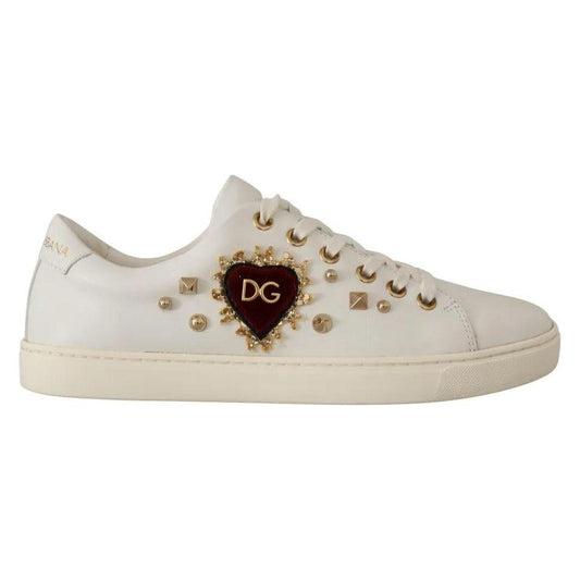 Dolce & Gabbana White Leather Gold Red Heart Sneakers Shoes Dolce & Gabbana Gray