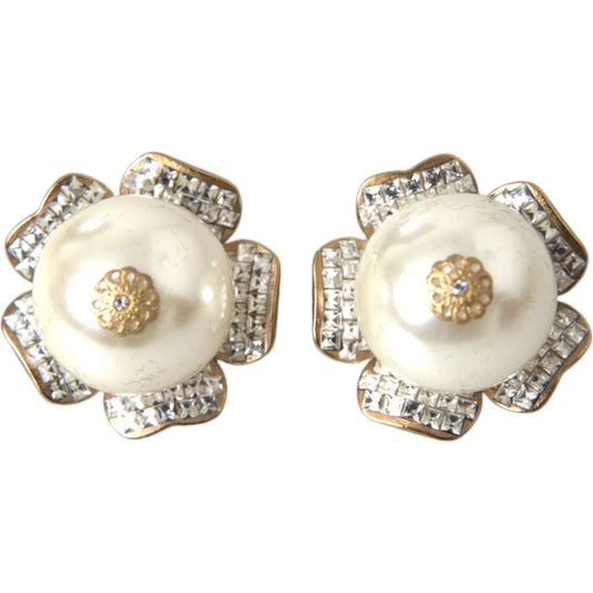 Dolce & Gabbana Gold Tone Maxi Faux Pearl Floral Clip-on Jewelry Earrings Earrings Dolce & Gabbana Light Gray