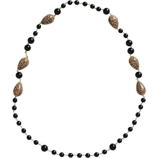 Dolce & Gabbana Gold Tone Brass Black Printed Beaded Long Chain Necklace Necklace Dolce & Gabbana Dark Slate Gray
