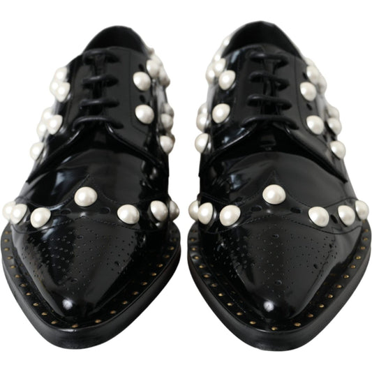 Dolce & Gabbana Black Leather Faux Pearl Dress Broque Shoes Dolce & Gabbana Black