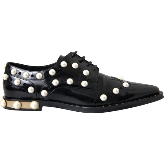 Dolce & Gabbana Black Leather Faux Pearl Dress Broque Shoes Dolce & Gabbana Dark Slate Gray