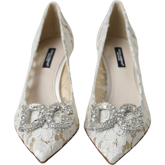 Dolce & Gabbana White Floral Lace DG Crystal Pumps Shoes Dolce & Gabbana Gray