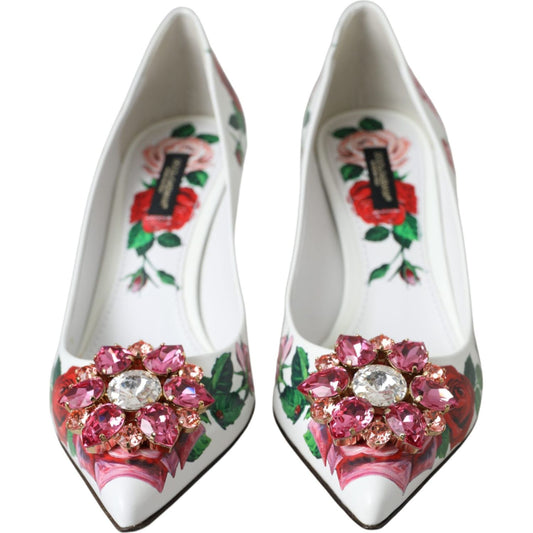Dolce & Gabbana White Leather Roses Crystal Bellucci Pumps Shoes Dolce & Gabbana Light Gray