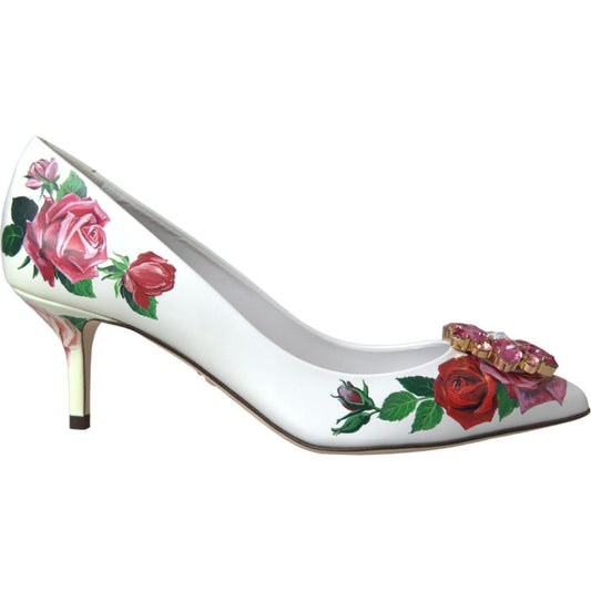Dolce & Gabbana White Leather Roses Crystal Bellucci Pumps Shoes Dolce & Gabbana Light Gray