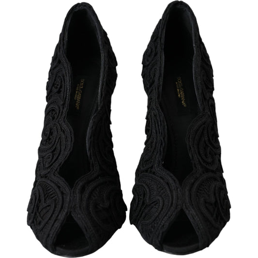Dolce & Gabbana Black Cordonetto Ricamo Pump Open Toe Shoes Dolce & Gabbana Black