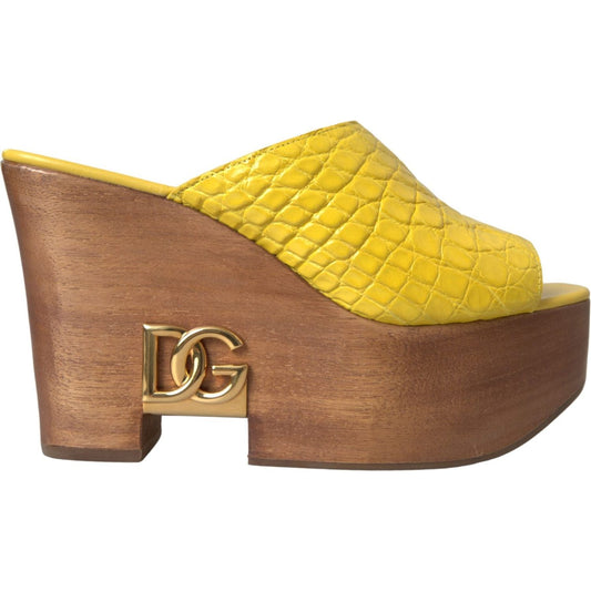 Dolce & Gabbana Yellow Leather Wood Mule Wedge Slides Shoes Dolce & Gabbana Sienna