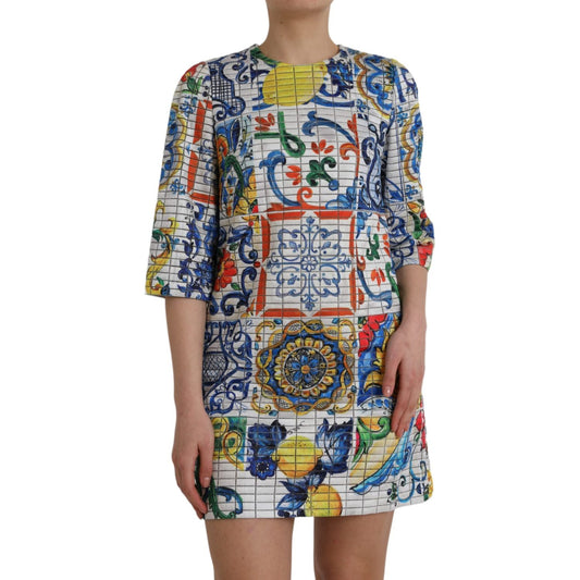 Dolce & Gabbana Multicolor Majolica 3/4 Sleeves Shift Dress Dolce & Gabbana Slate Gray
