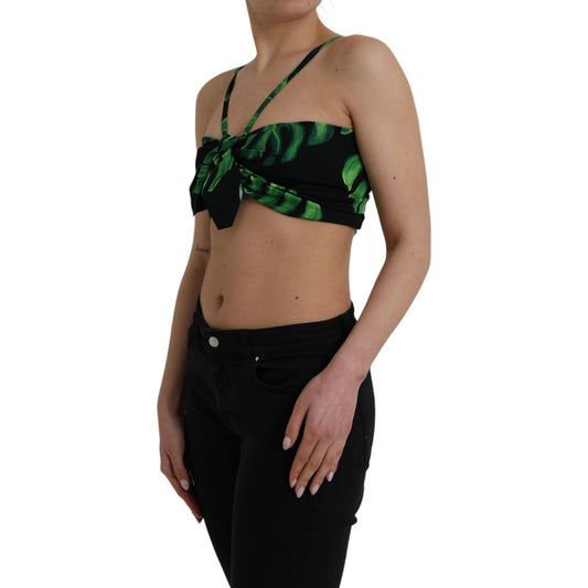 Dolce & Gabbana Black Green Leaf Silk Halter Cropped Top Dolce & Gabbana Black