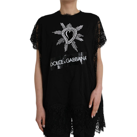 Dolce & Gabbana Black Sacred Heart Print Cotton Lace T-shirt Dolce & Gabbana Rosy Brown