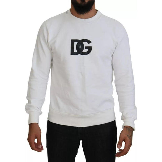 Dolce & Gabbana White Logo Cotton Crew Neck Pullover Sweater Dolce & Gabbana Light Gray
