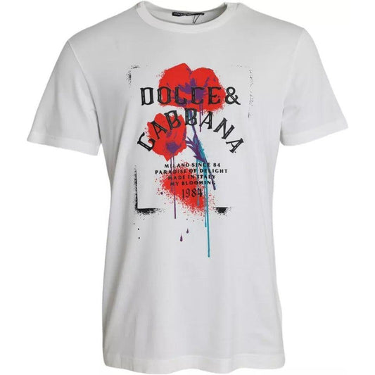 Dolce & Gabbana White Logo Floral Cotton Crew Neck T-shirt Dolce & Gabbana Light Gray