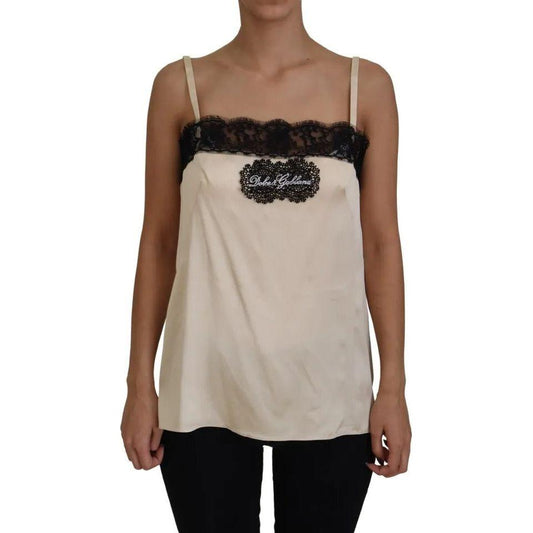 Dolce & Gabbana Beige Lace Spaghetti Logo Embroidery Top Dolce & Gabbana Rosy Brown