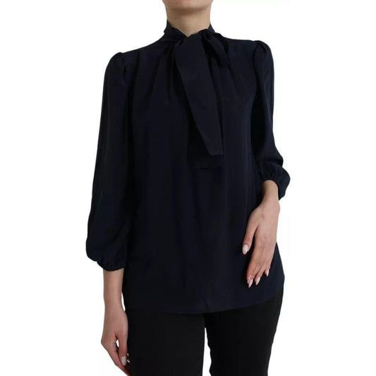 Dolce & Gabbana Blue Long Sleeves Ascot Collar Blouse Top Dolce & Gabbana Black