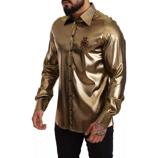 Dolce & Gabbana Metallic Gold DG Embroidered Crown Silk Top Shirt Dolce & Gabbana Dark Slate Gray