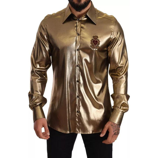 Dolce & Gabbana Metallic Gold DG Embroidered Crown Silk Top Shirt Dolce & Gabbana Dark Olive Green