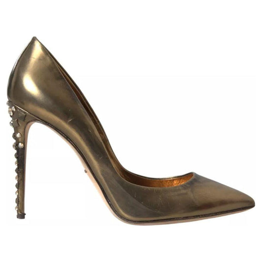 Dolce & Gabbana Bronze Leather Embellished Heels Pumps Shoes Dolce & Gabbana Dark Olive Green