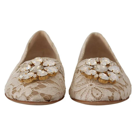 Dolce & Gabbana Beige Lace Crystal Ballet Flats Loafers Shoes Dolce & Gabbana Rosy Brown