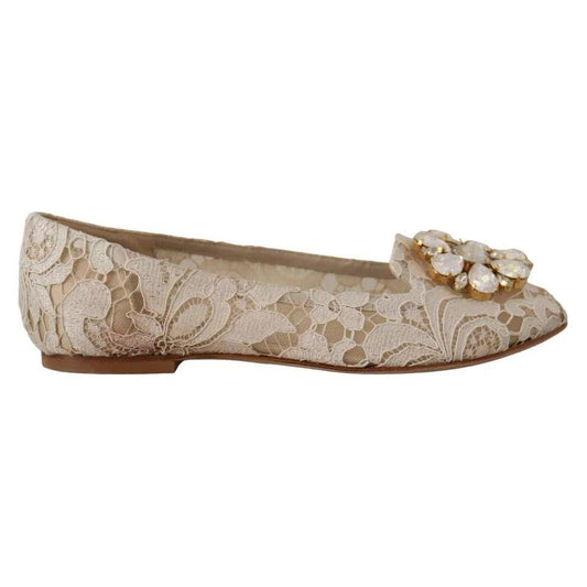 Dolce & Gabbana Beige Lace Crystal Ballet Flats Loafers Shoes Dolce & Gabbana Rosy Brown