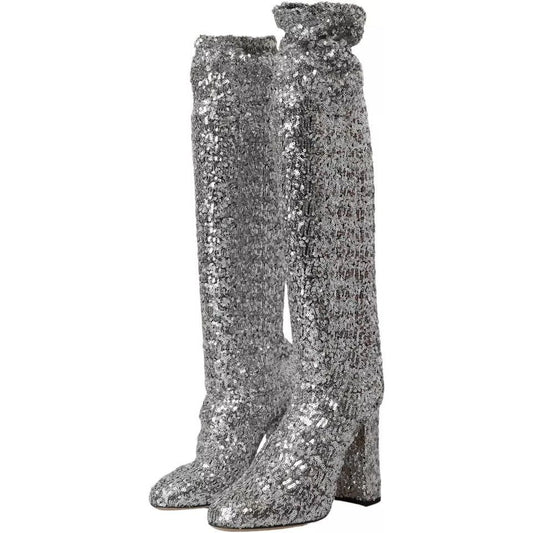 Dolce & Gabbana Silver Sequined High Boots Stretch Shoes Dolce & Gabbana Dim Gray