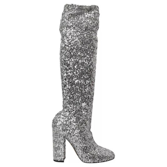 Dolce & Gabbana Silver Sequined High Boots Stretch Shoes Dolce & Gabbana Slate Gray