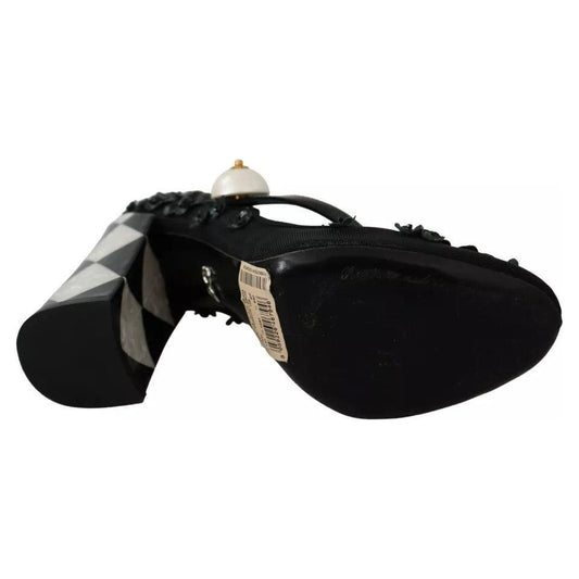 Dolce & Gabbana Black Floral Embellish Heels Mary Janes Pumps Shoes Dolce & Gabbana Black