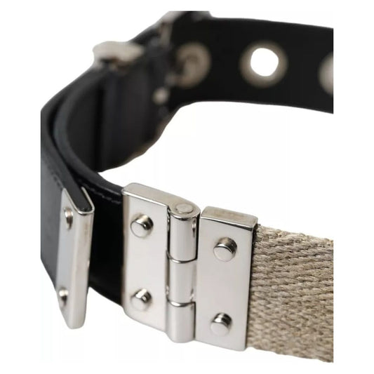 Dolce & Gabbana Black Leather Beige Strap Silver Metal Buckle Belt