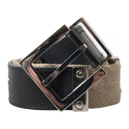 Dolce & Gabbana Black Leather Beige Strap Silver Metal Buckle Belt