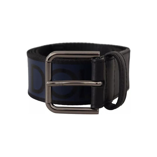 Dolce & Gabbana Blue Black Logo Print Silver Buckle Belt