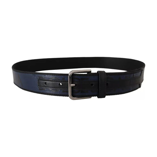 Dolce & Gabbana Blue Black Logo Print Silver Buckle Belt